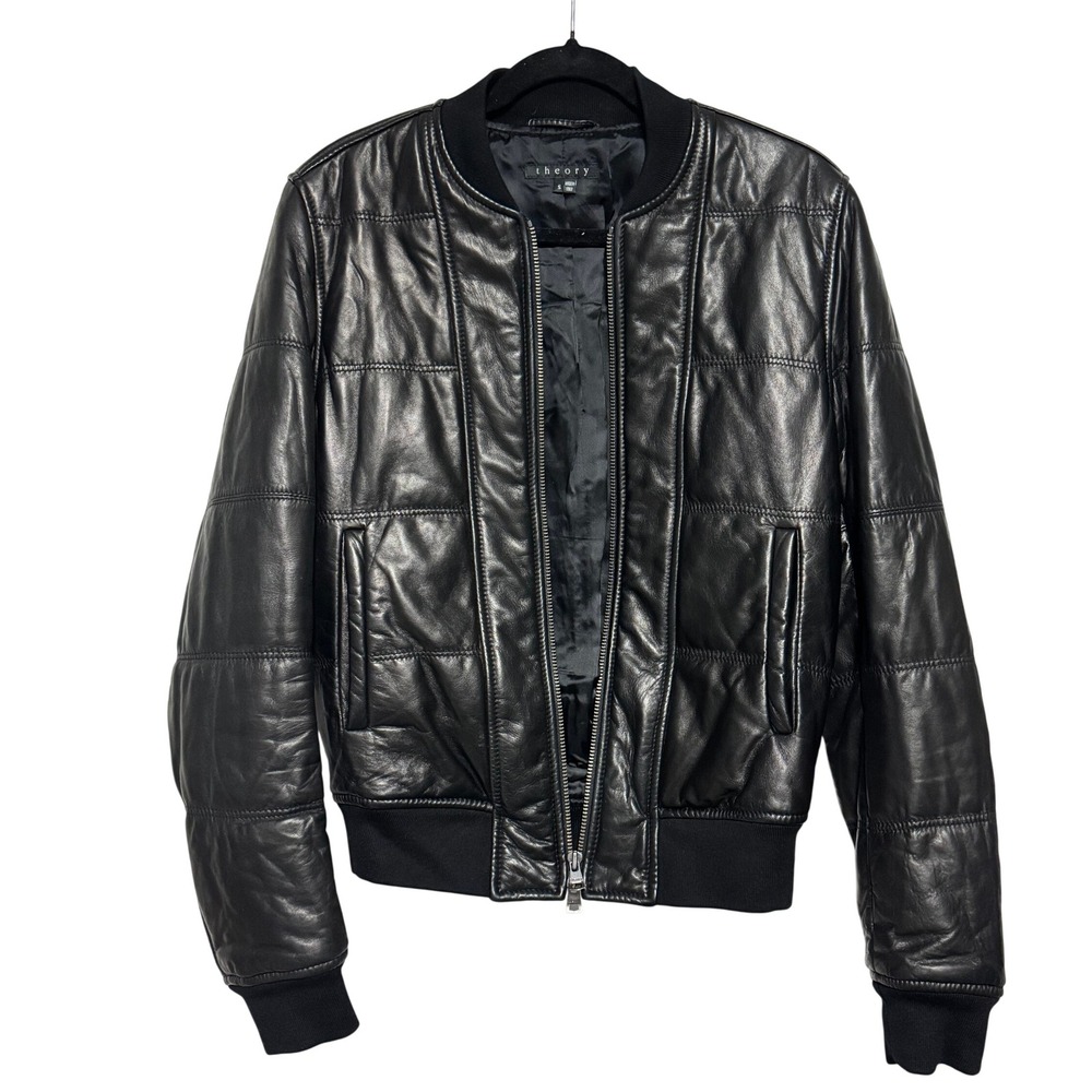 Theory Mens Black Leather Quilted Bomber Jacket Zip Up Ribbed Collar Cuffs Sz -S